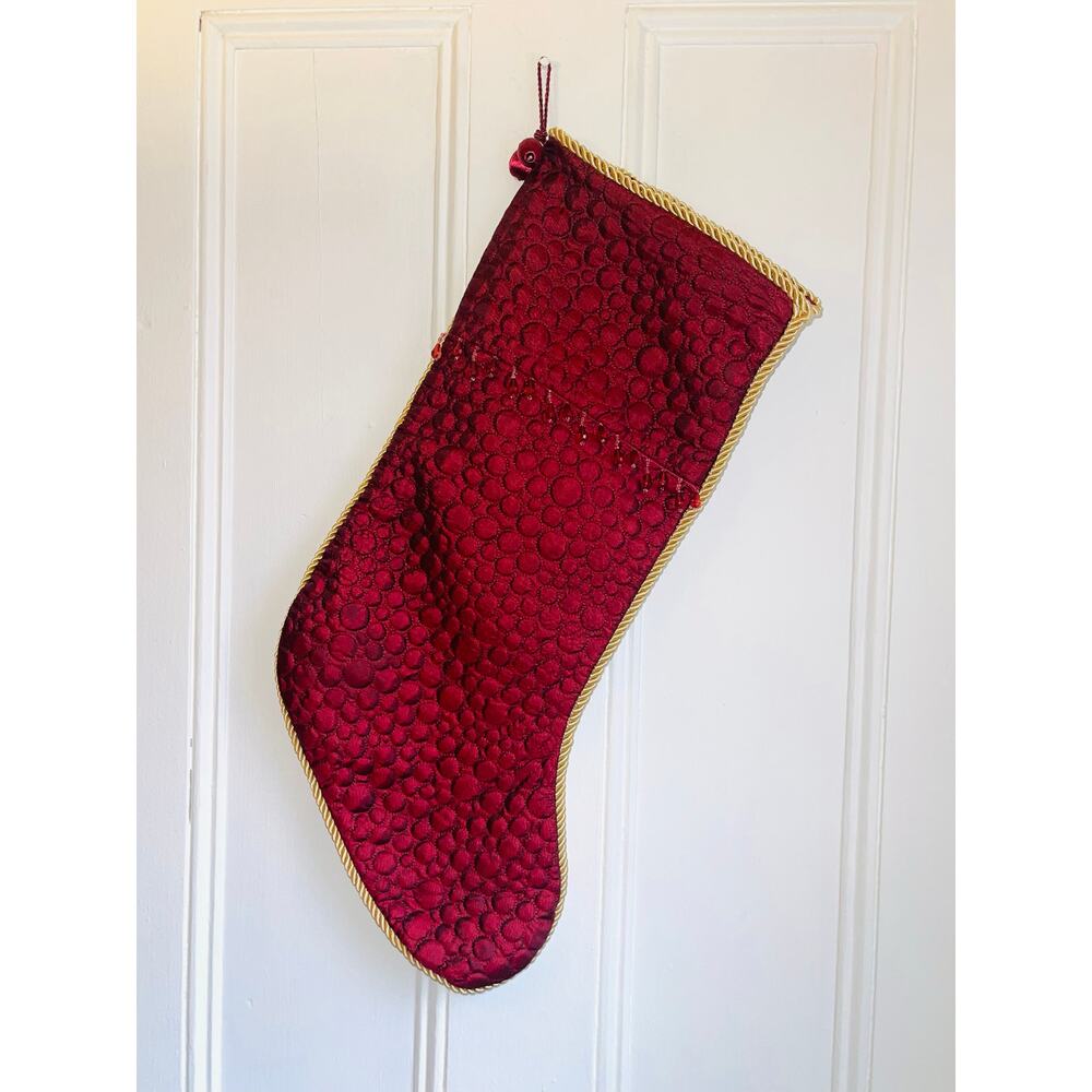 Burgundy Rodeo Home Quilted Christmas Stocking with Gold Rope Trim and Beading